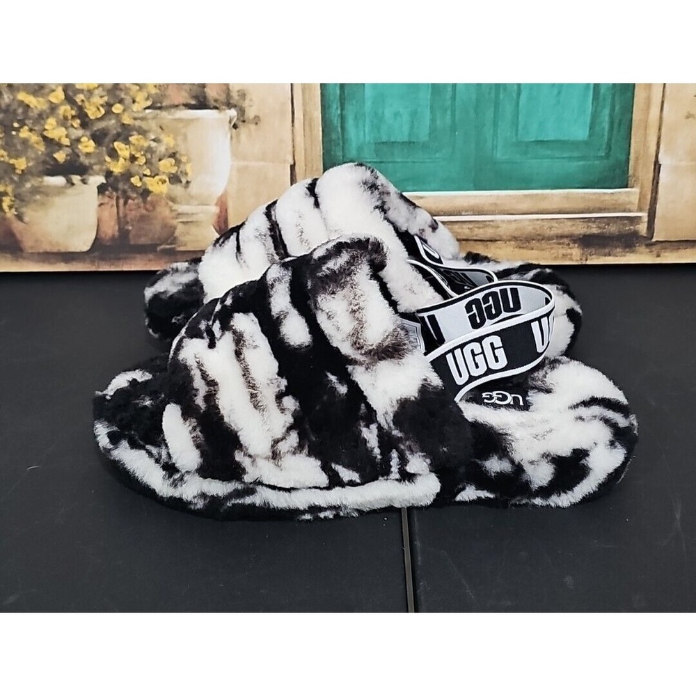 UGG BLACK FLUFF YEAH MARBLE SLIDE 1123636k WOMAN'S SIZE 3